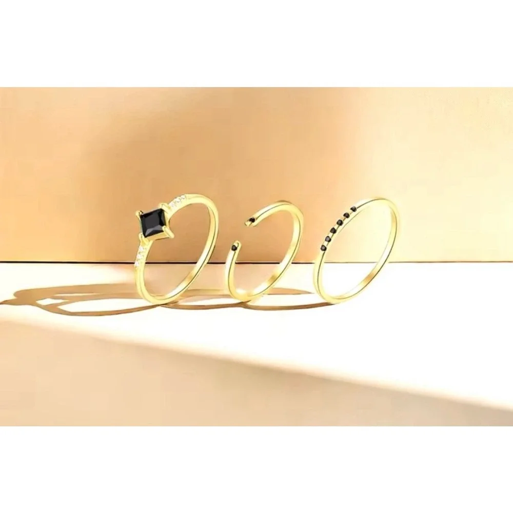 NEW Women's Dainty 14k Gold Plated S925 Black‎ Melee Diamond Ring Size 6